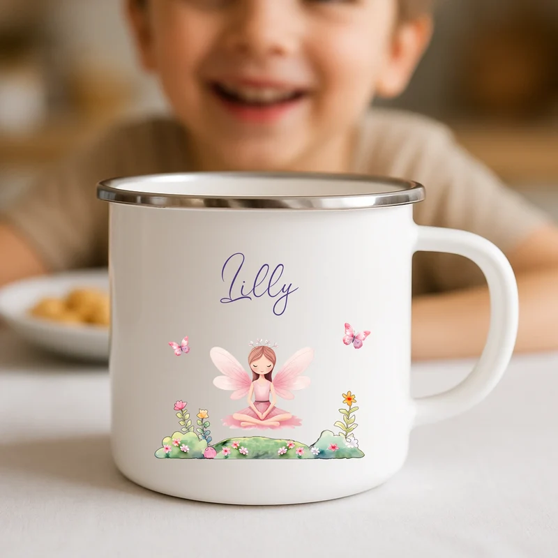 Individuell bedruckte Emaille Tasse mit Fee und Name