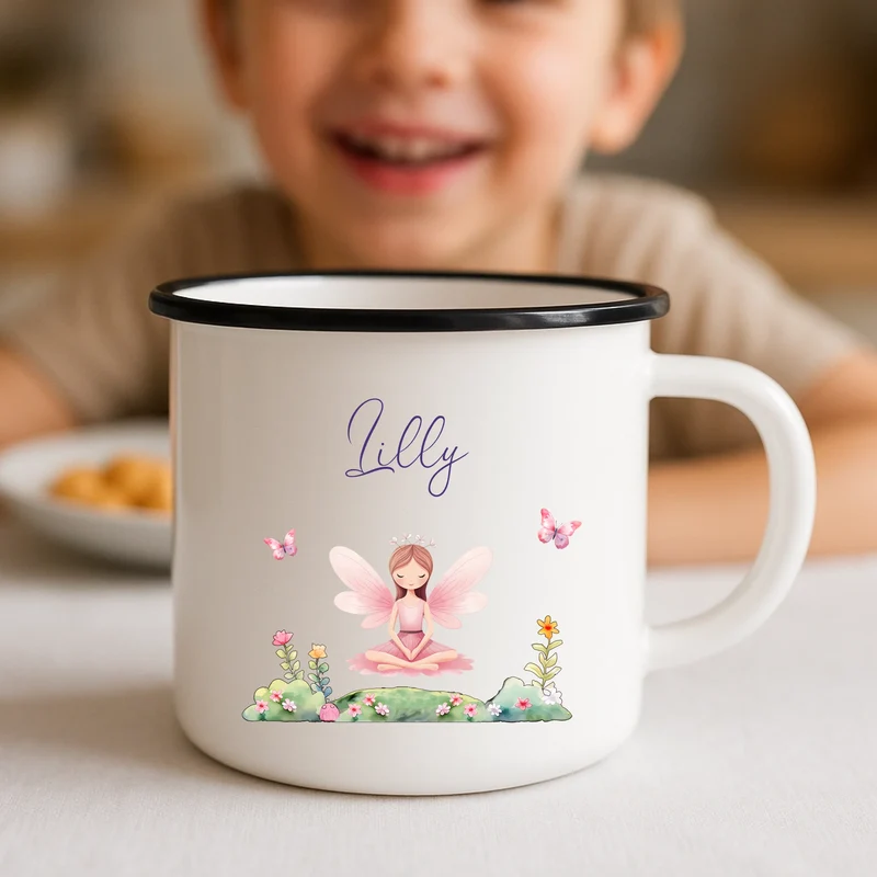 Individuell bedruckte Emaille Tasse mit Fee und Name