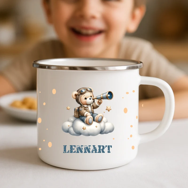 Emaille Tasse bedruckt für Kinder mit Teddy und Name