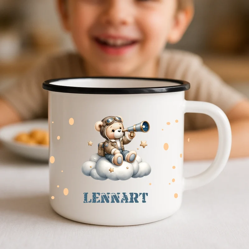 Emaille Tasse bedruckt für Kinder mit Teddy und Name