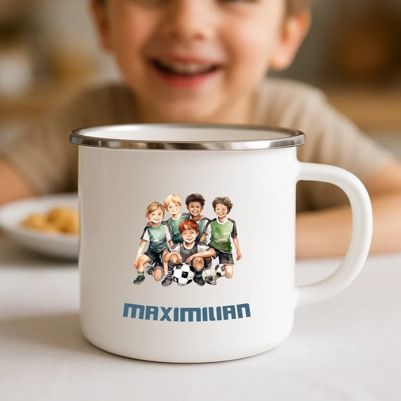 Emaille-Tasse mit Namen bedruckt für Kinder - Fußball
