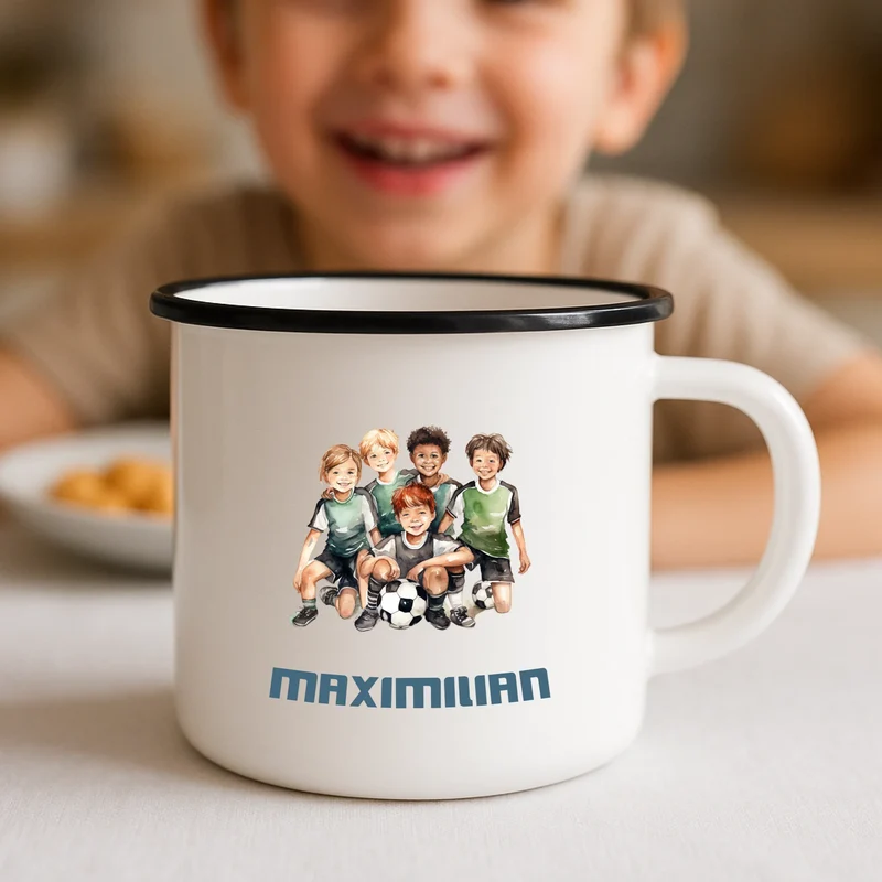Emaille-Tasse mit Namen bedruckt für Kinder - Fußball
