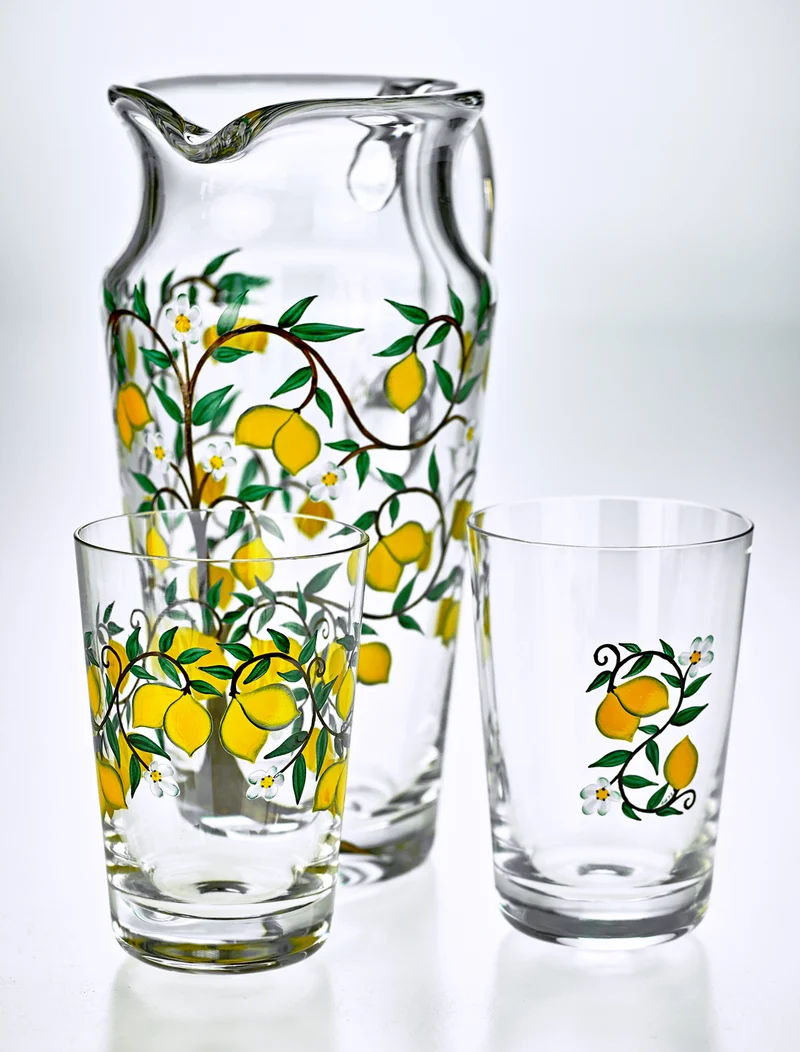 OLIVIA Becher, klares Glas, 125 mm, opulente Malerei 'Zitrone'