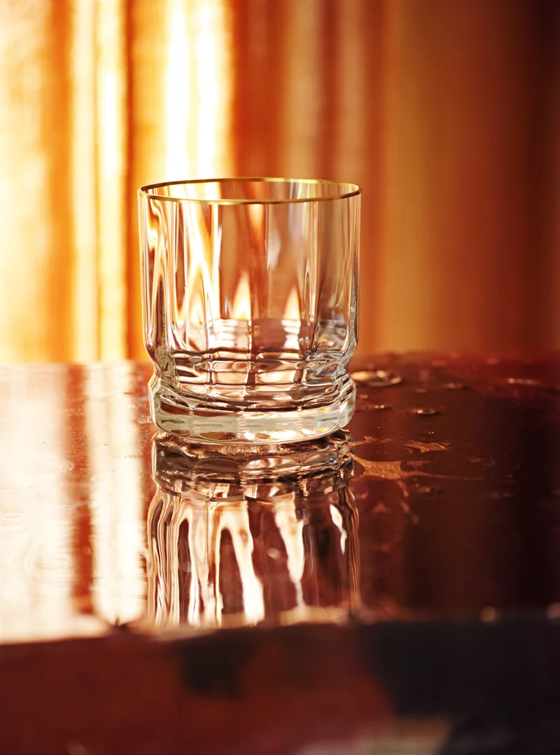 DELPHI Whisky Becher 99 mm - klares Glas, Flächenschliff, Kerbschliff, Goldrand
