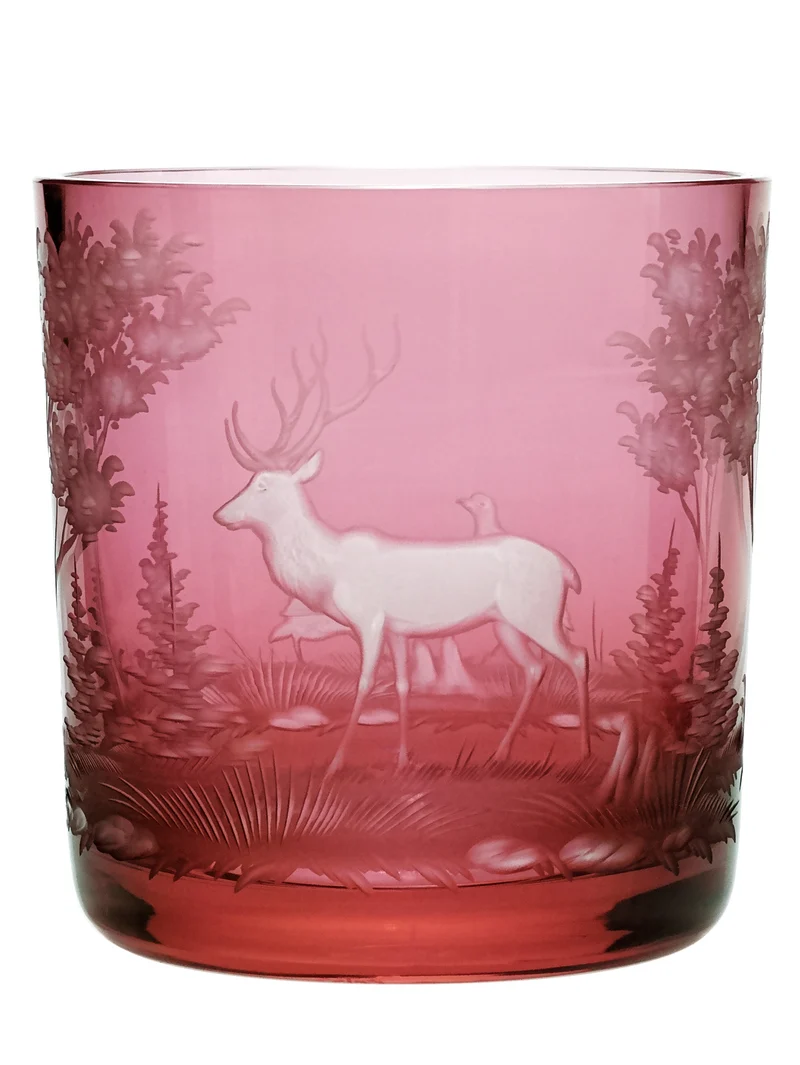 SCHLIERSEE - rubin, Gravur 'Hirsch und Rebhuhn' - Whiskybecher 99 mm