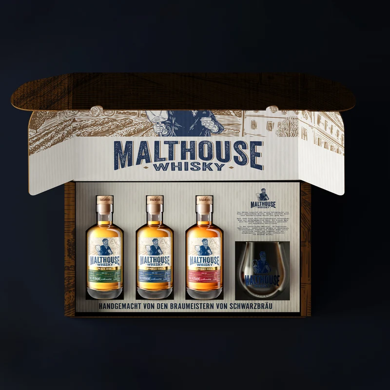 MALTHOUSE Whisky Geschenk Set - 3 Sorten á 20 cl mit Glas