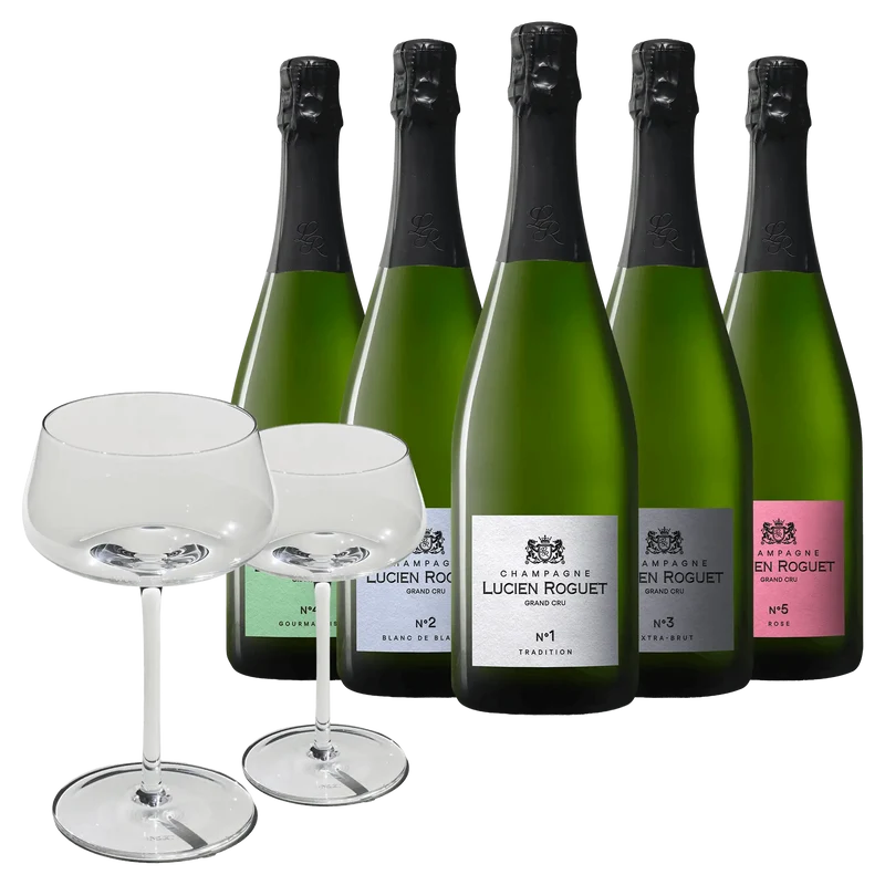 5 Fl. Lucien Roguet Champagner + 2 Beyond Bubbly Coupégläser