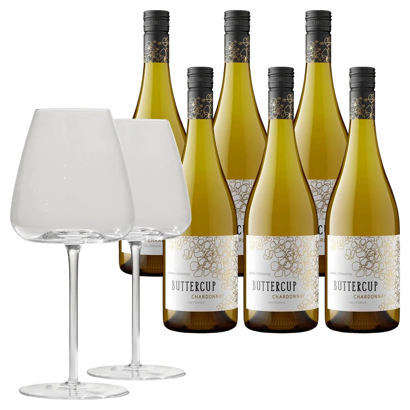 6 Fl. Buttercup 2024 + 2 Brilliant Blanco Gläser