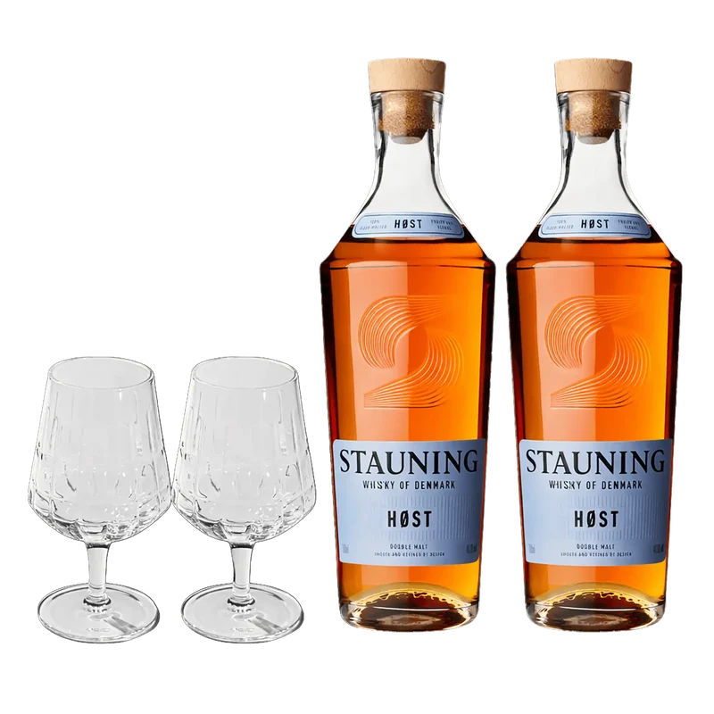 2 Flasker Stauning Høst + 2 The Bullet Whiskyglas Fra The Mancave