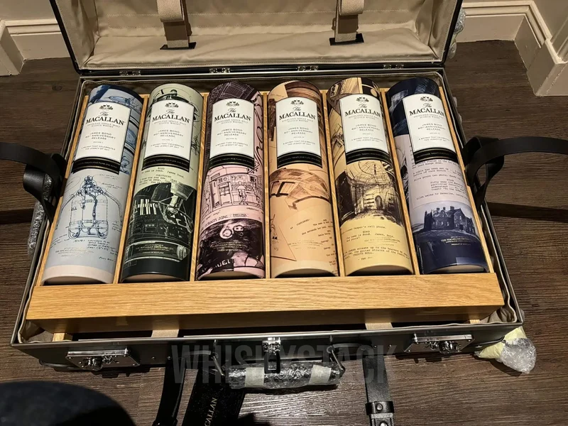 Macallan James Bond 60th Anniversary Komplette Kollektion (Decade I-VI) Globe-Trotter Koffer