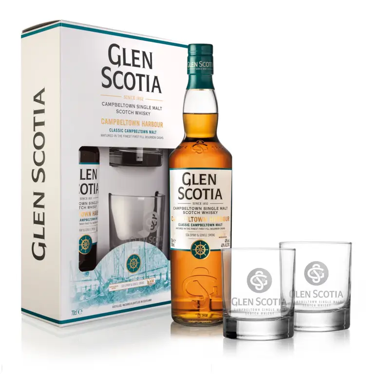 Glen Scotia Campbeltown Harbour mit zwei Gläsern