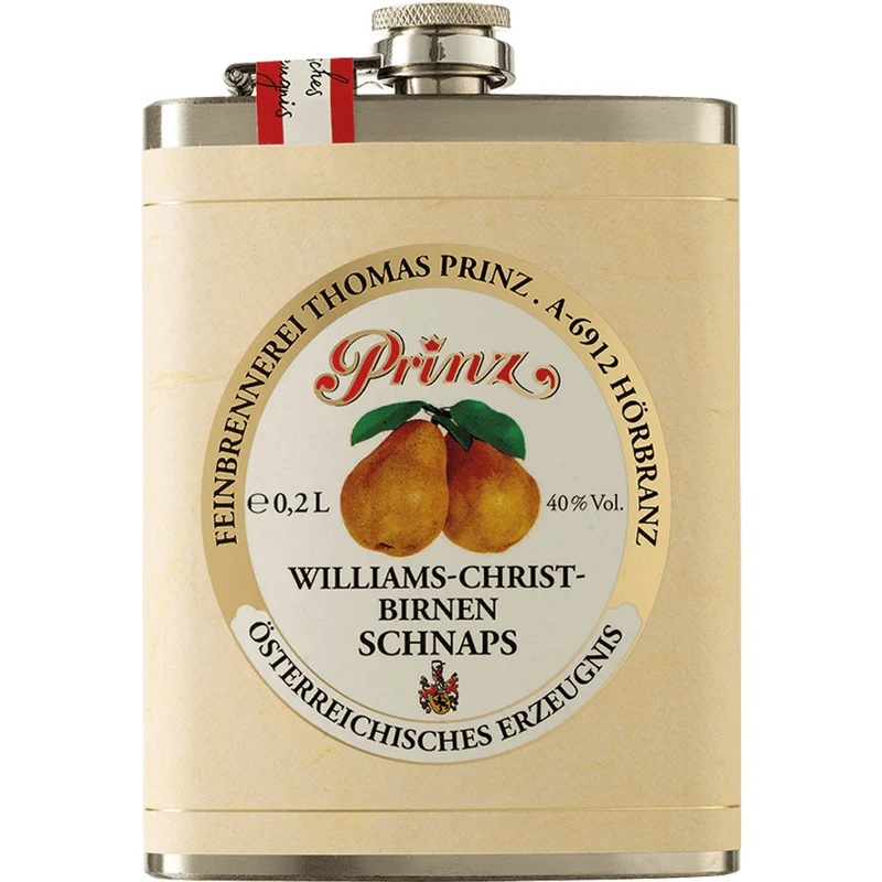 Prinz Williams-Birnen Schnaps im Edelstahl-Flachmann 40% 0,2 Liter