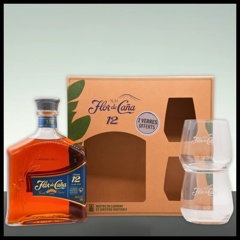 Flor de Cana Centenario 12 YO Rum mit 2 Gläsern 0,7L - 40% Vol.