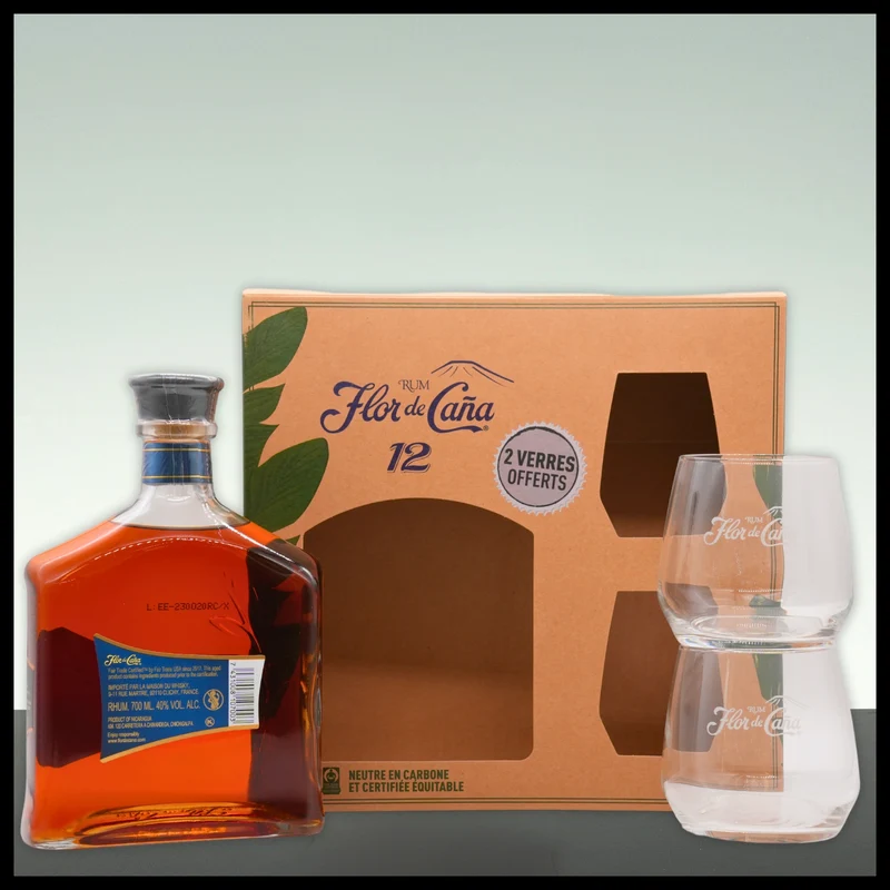 Flor de Cana Centenario 12 YO Rum mit 2 Gläsern 0,7L - 40% Vol.