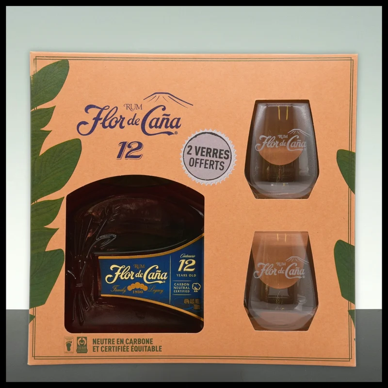 Flor de Cana Centenario 12 YO Rum mit 2 Gläsern 0,7L - 40% Vol.