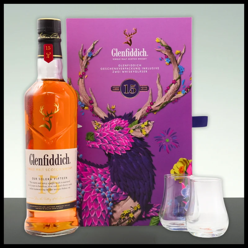 Glenfiddich 15 YO Single Malt Whisky Geschenkbox mit 2 Gläsern 0,7L - 40% Vol.