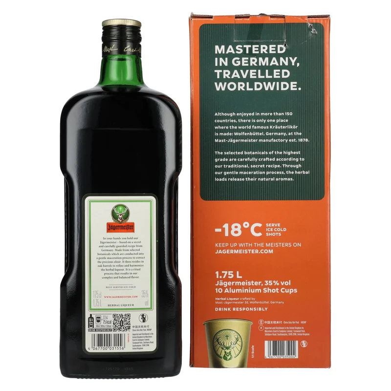 Jägermeister TRAVELLERS' EXCLUSIVE 35% Vol. 1,75l in Geschenkbox mit 10 Metal Shot Cups