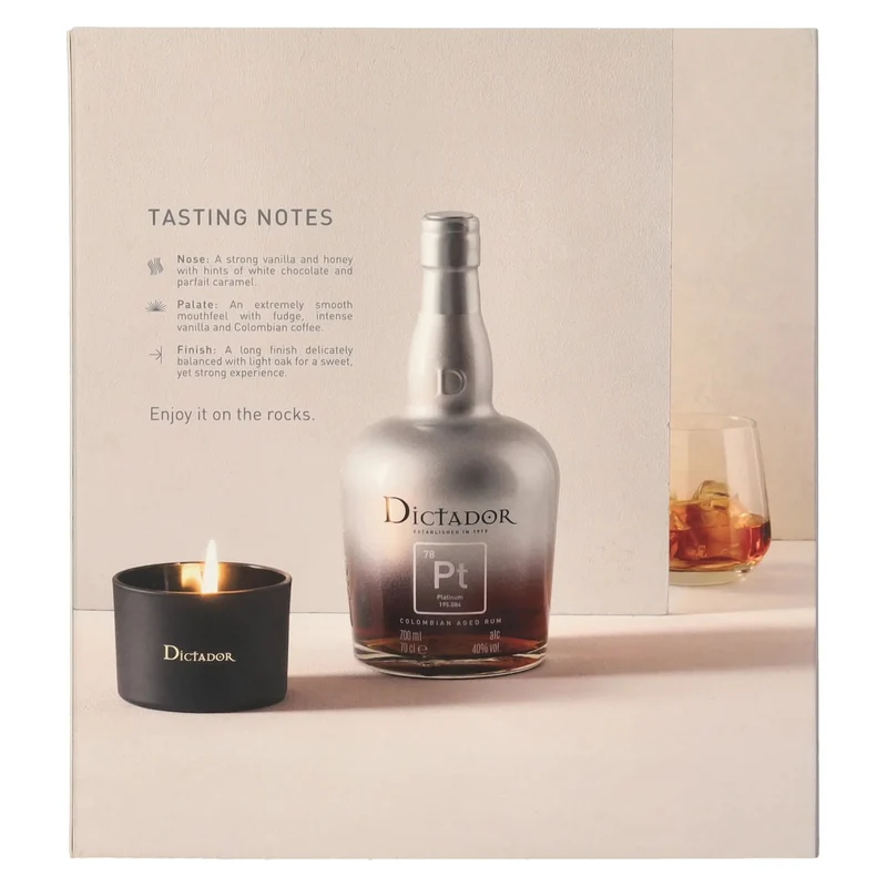 Dictador PLATINUM Colombian Aged Rum 40% Vol. 0,7l in Geschenkbox mit Kerze