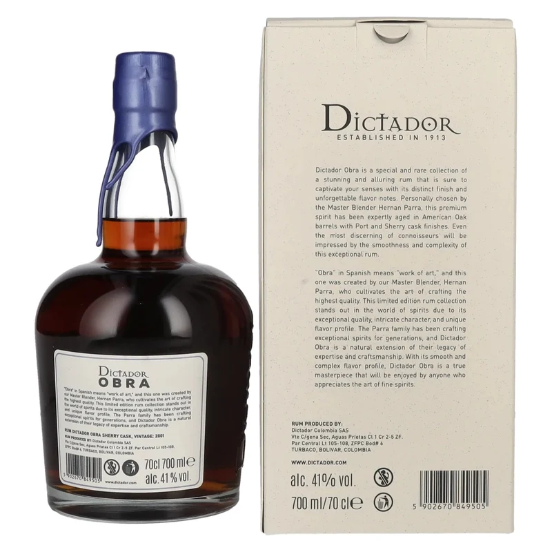 Dictador OBRA VINTAGE 22 Years Old SHERRY CASK Rum 2001 41% Vol. 0,7l in Geschenkbox