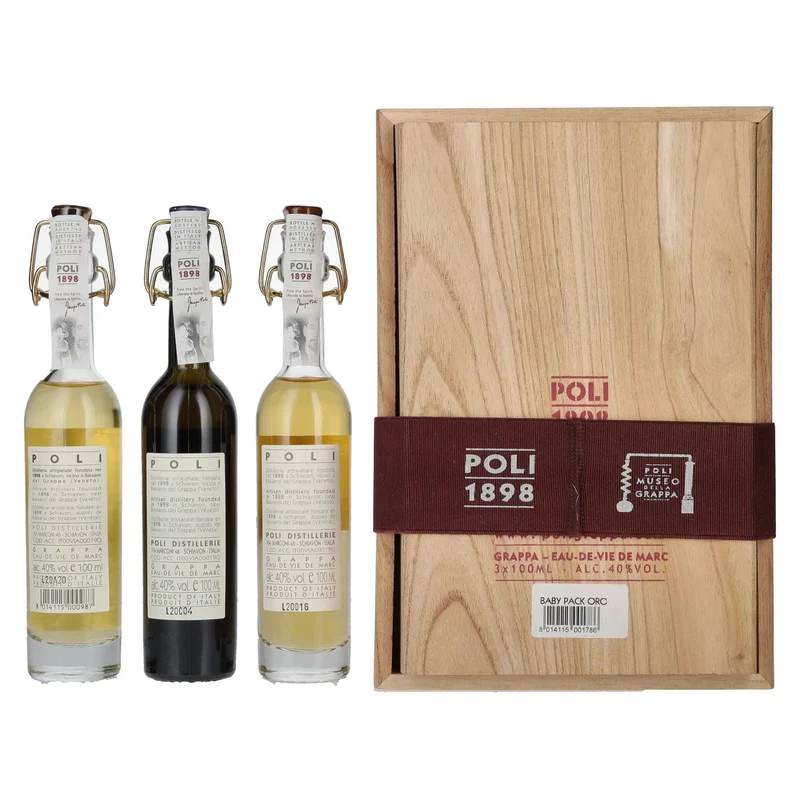 Poli Grappa Baby Pack ORO 40% Vol. 3x0,1l in Holzkiste