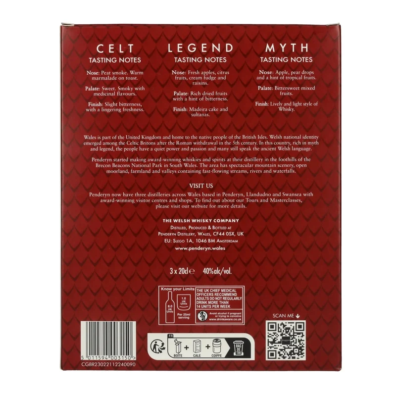 Penderyn MYTH, LEGEND, CELT Single Malt Welsh Whisky 40% Vol. 3x0,2l in Geschenkbox