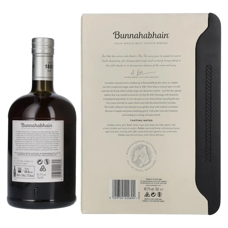 Bunnahabhain Fèis Ìle CALVADOS CASK FINISH 1998 49,7% Vol. 0,7l in Geschenkbox